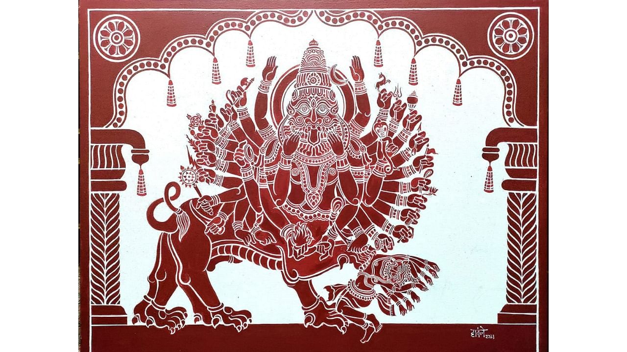 <div class="paragraphs"><p>A depiction of a deity in Kaavi style; a&nbsp;Kaavi mural at Sri Rama Mandira in Honnavar taluk; Janardhan Havanje's&nbsp;contemporary Kaavi artwork.</p></div>